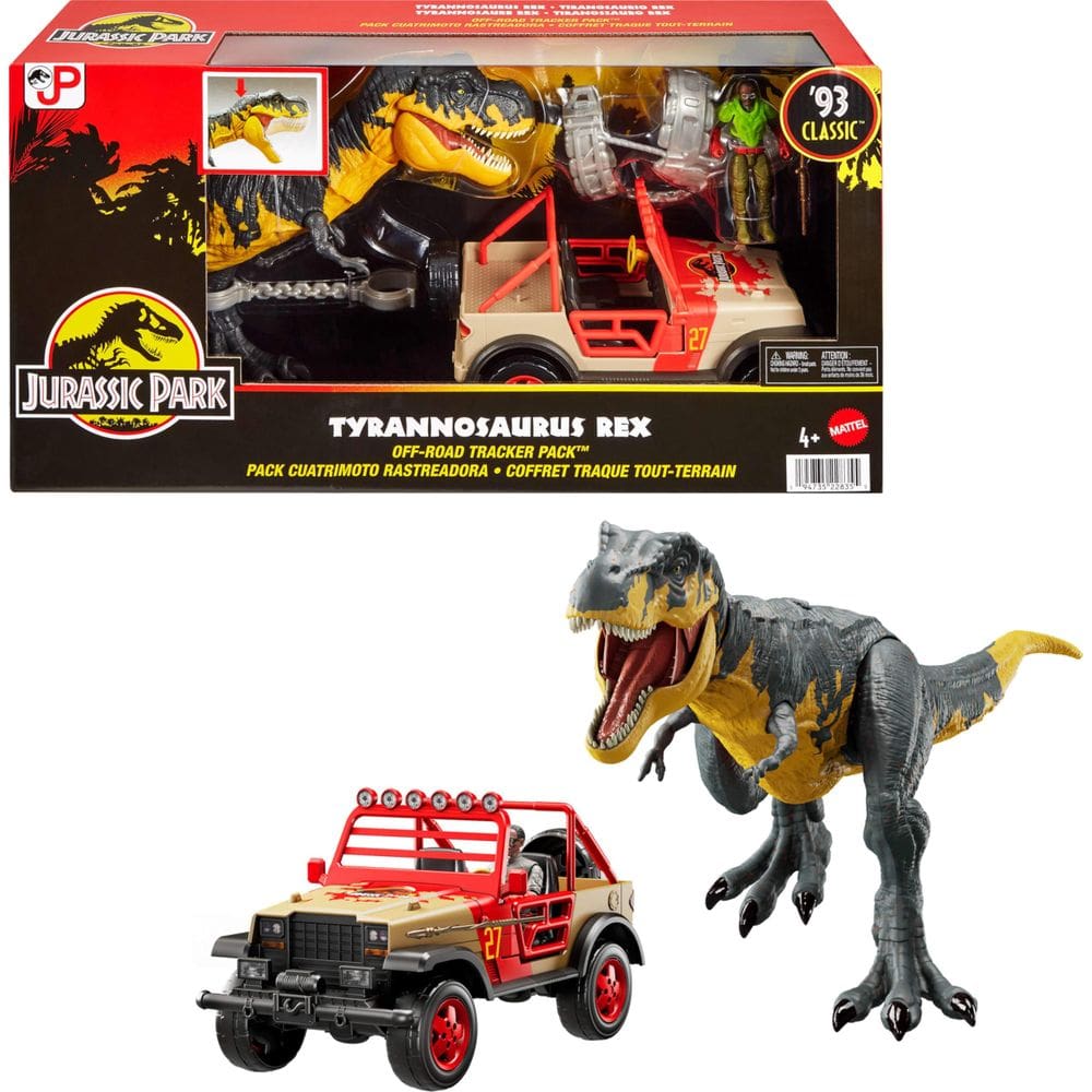 Conjunto de brinquedos Mattel Jurassic Park `93 Classic com T. rex e bonecos