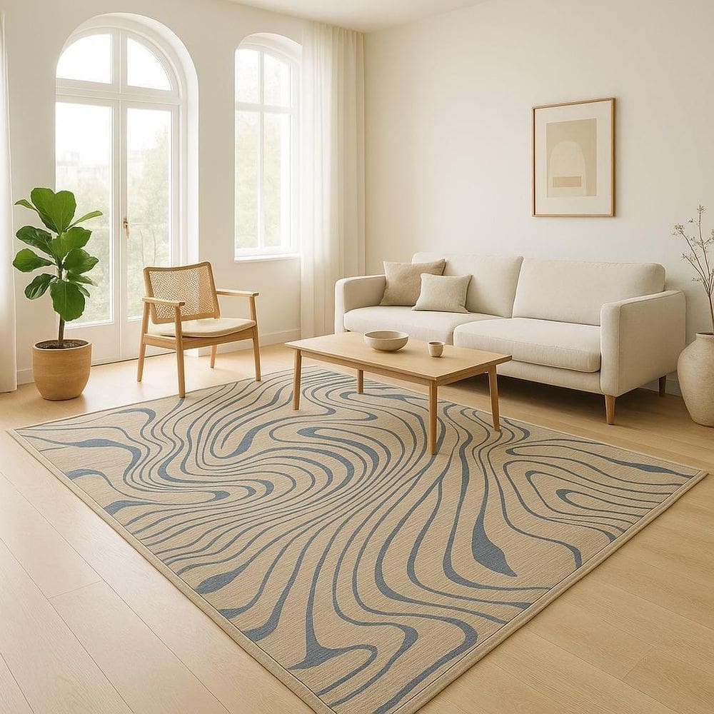 Tapete Sala 300X350Cm Sem Pelo Organico Bege Azul Antiderrap