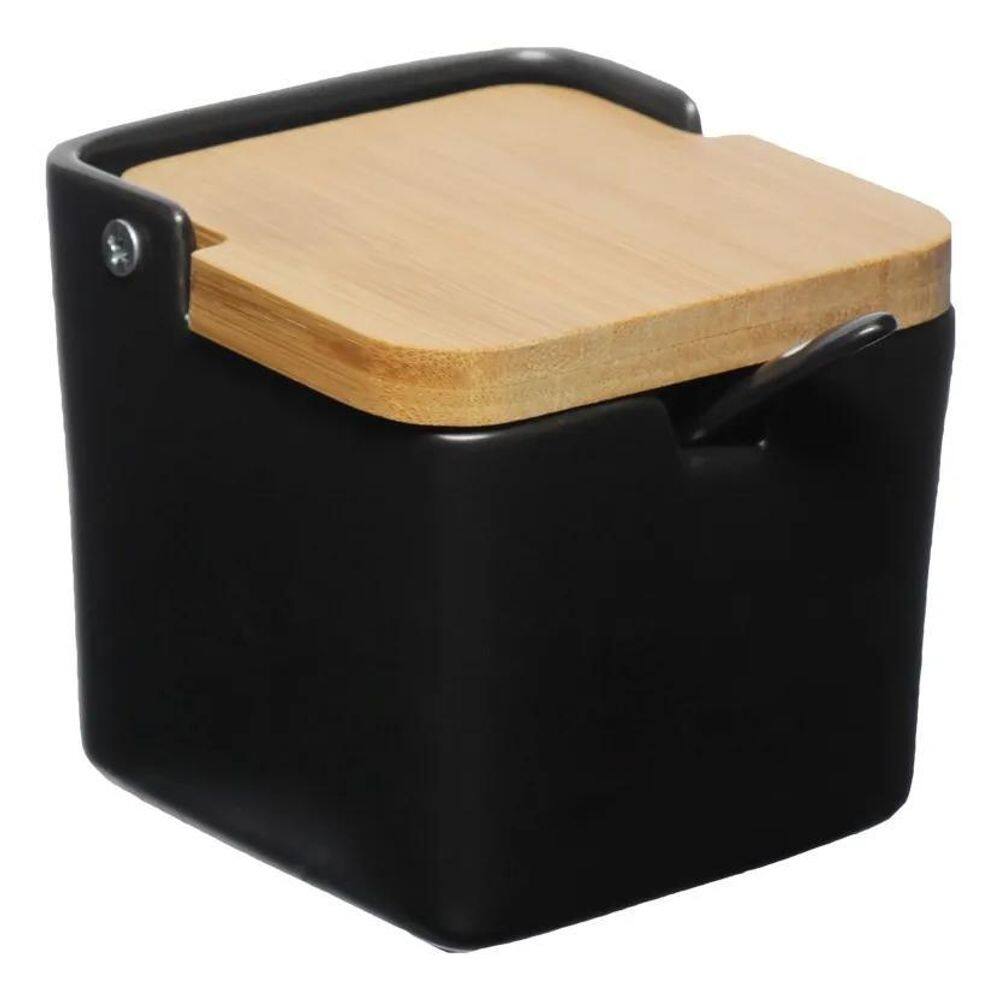 2X Saleiro Porcelana Preto Tampa De Bambu Com Colher Tempero