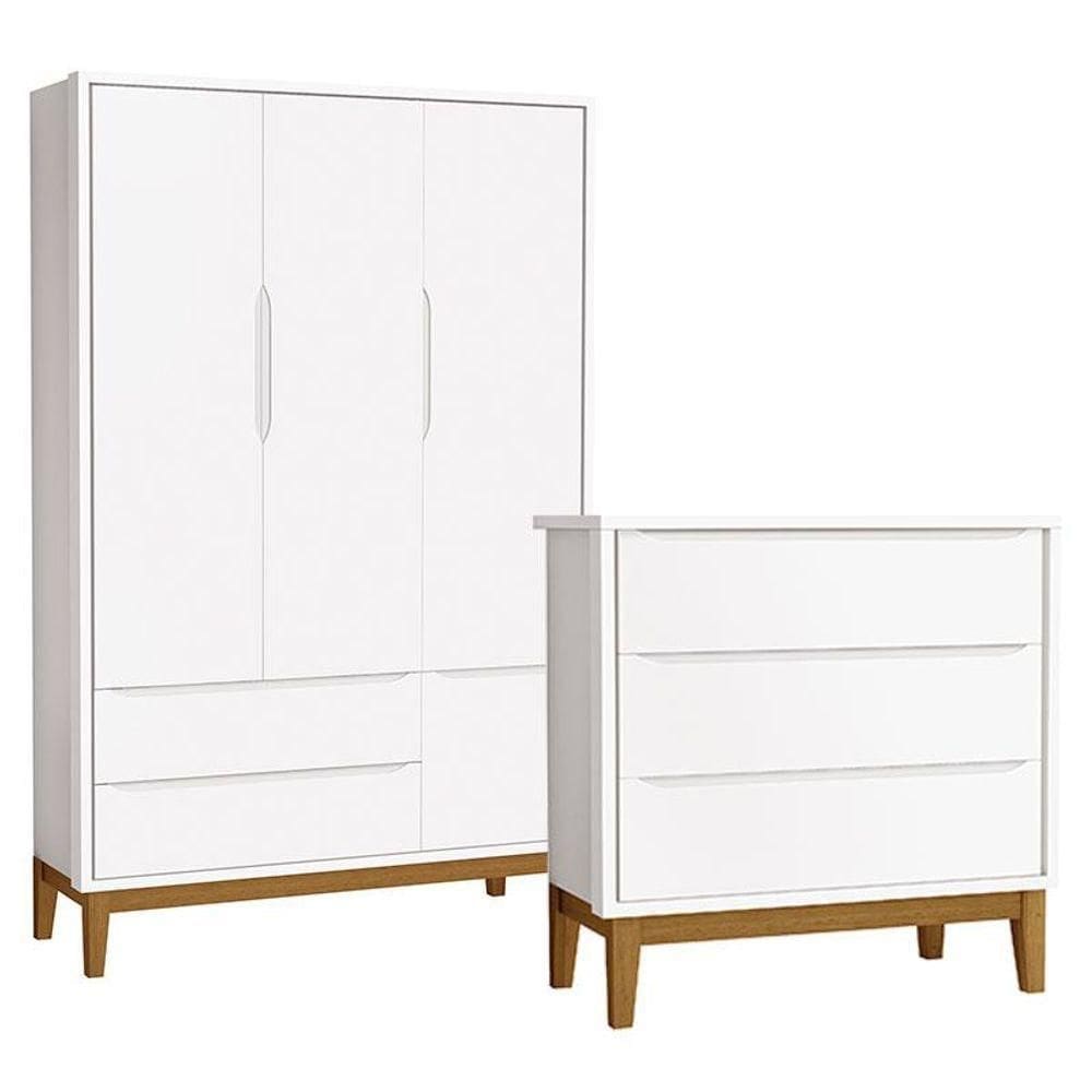 Cômoda Gaveteiro Com Guarda Roupa Infantil 3 Portas New Classic Branco Com Pés Madeira - Reller