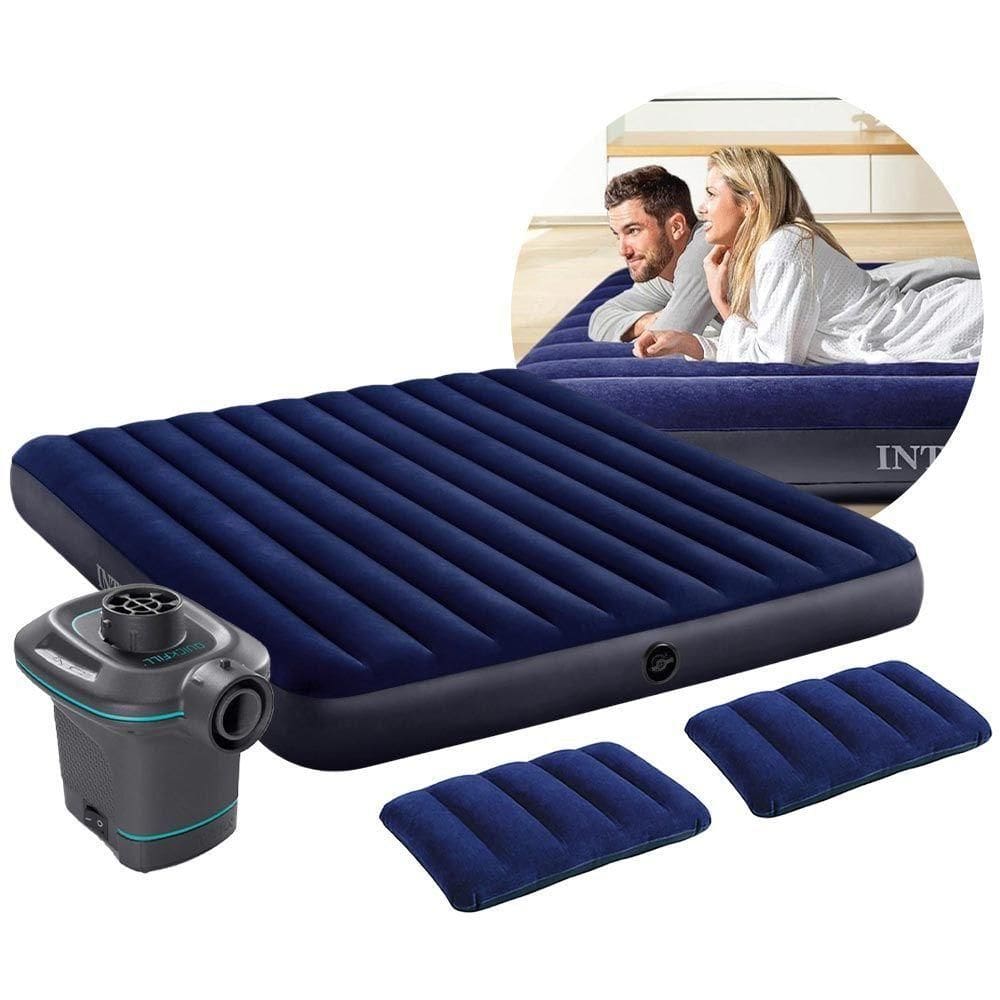 Colchão Inflável Casal King Dura Beam Downy Aveludado Com 2 Travesseiros Infláveis E Bomba Elétrica Intex 220v