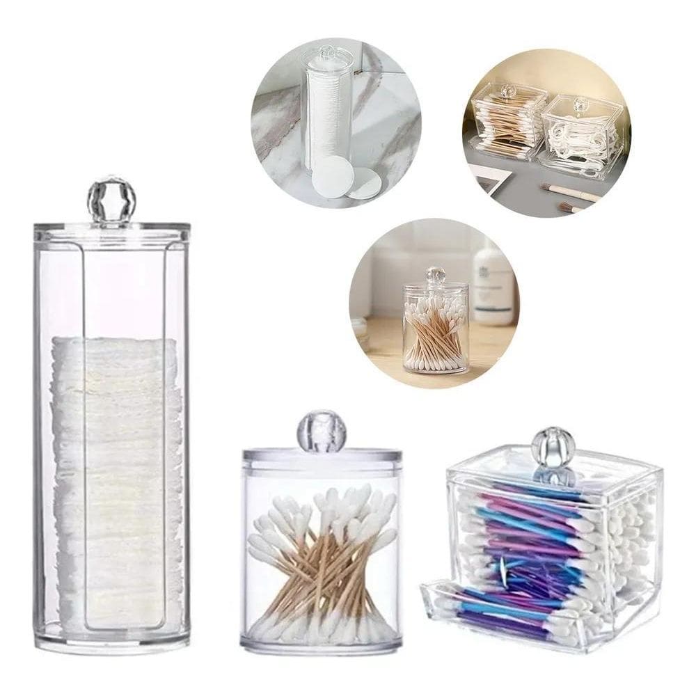 10X Kit 3 Organizador Algodão Cotonete Lenço Acrílico Maqui