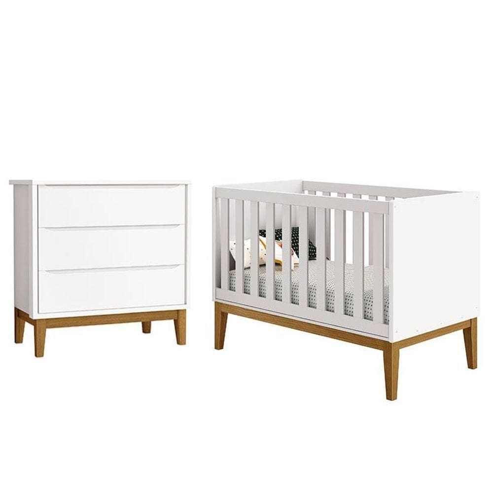 Berço Americano E Cômoda Gaveteiro New Classic Branco Com Pés Madeira - Reller
