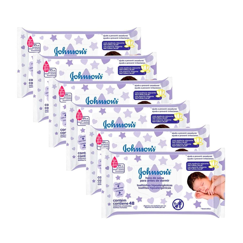 Kit 6 Toalhas Umedecidas Johnson`s Baby Hora do Sono 48 Unidades