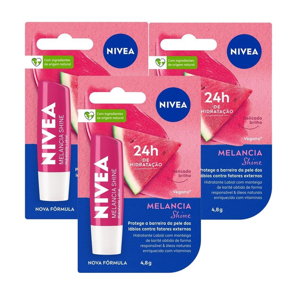 Kit 3 Hidratante Labial Nivea Melancia Shine 4,8g