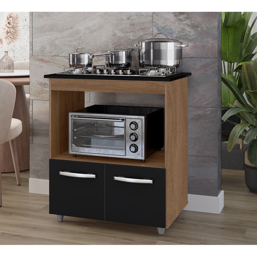 Balcão Elisa para Cooktop 5 Bocas com Nicho para Forno/Microondas - Savana/Preto Móblis