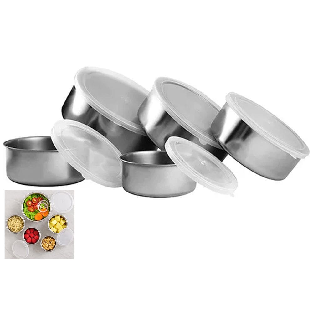 Jogo 5 Potes Inox com Tampa Vasilha Marmita Conjunto Armazenamento Refeiçao Alimento Organizaçao Empilhavel Resistente