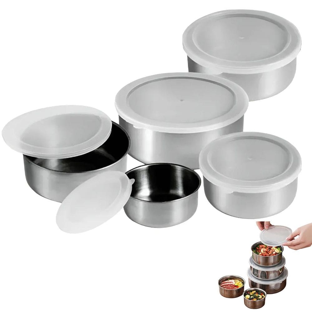 Jogo 5 Potes Inox com Tampa Conjunto Vasilha Marmita Refeiçao Alimento Organizaçao Resistente Duravel
