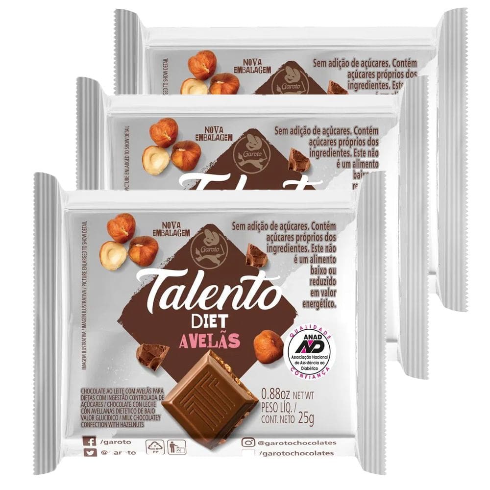 Kit 3 Chocolate Garoto Talento Diet com Avelãs 25g