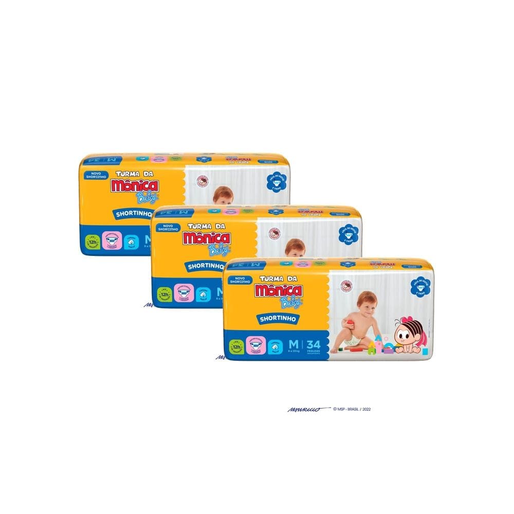 Kit 3 Fralda Shortinho Turma da Mônica Baby Tamanho M com 34 Fraldas Descartáveis
