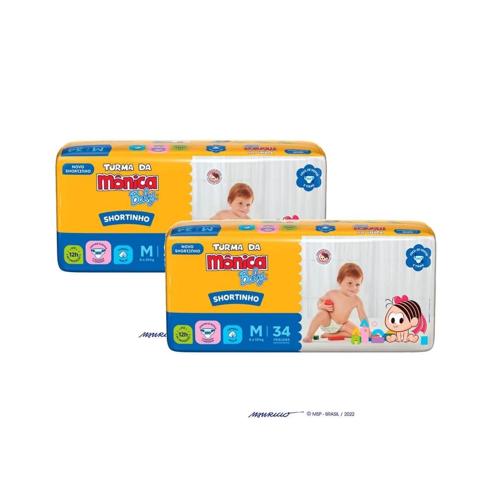 Kit 2 Fralda Shortinho Turma da Mônica Baby Tamanho M com 34 Fraldas Descartáveis