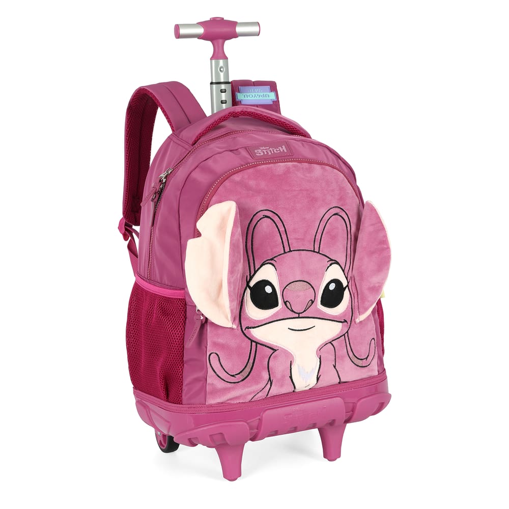 Mochila de Rodinhas G Angel Stitch Disney Luxcel | Pink Roxa Pelúcia 3D | Com Orelhas