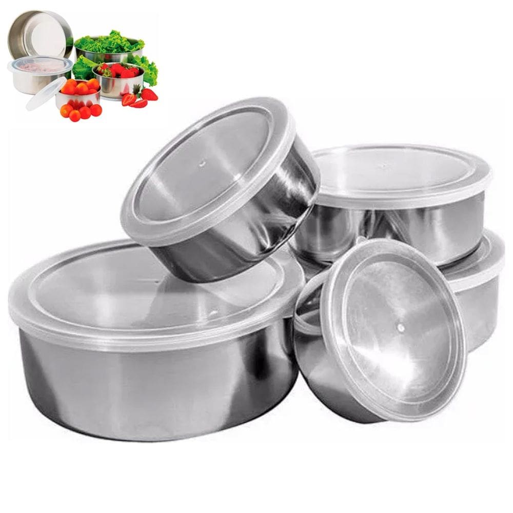 Jogo 5 Potes Inox com Tampa Marmita Conjunto Vasilha Empilhavel Refeiçao Alimento Organizaçao Armazenamento