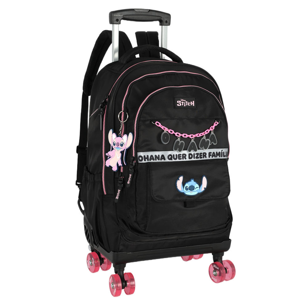 Mochila de Rodinhas G Stitch Disney Luxcel | Preta e Pink | Ohana | Rodas em Gel