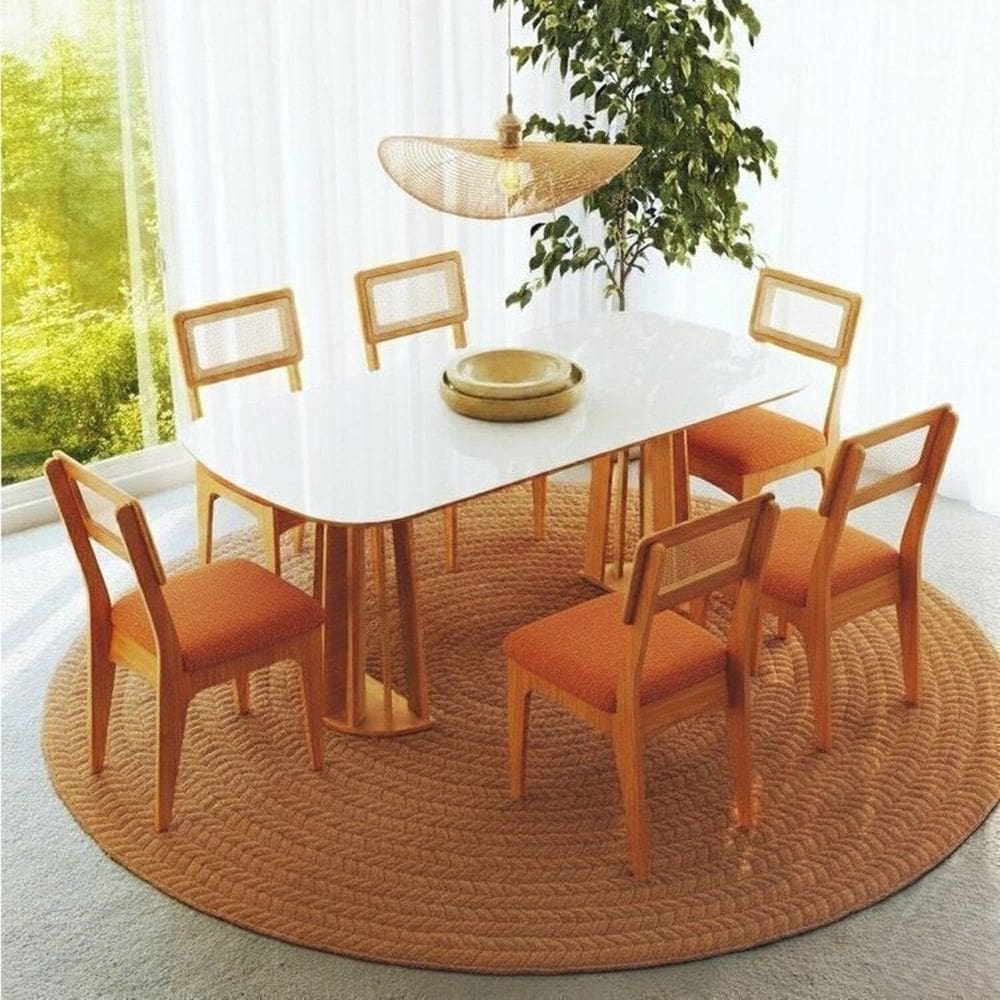 Conjunto de Mesa Oval com 6 Cadeiras 100% Mdf com Encosto Telado Bolonha Madeirado/Terracota/Off White