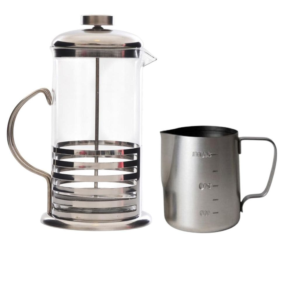 Kit Cafeteira Francesa De Inox 600Ml + Leiteira Barista Inox