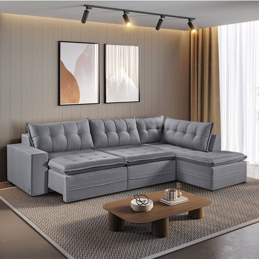 Sofá Retrátil 7 Lugares 356cm com Chaise a Direita de 91cm Presidente Cinza