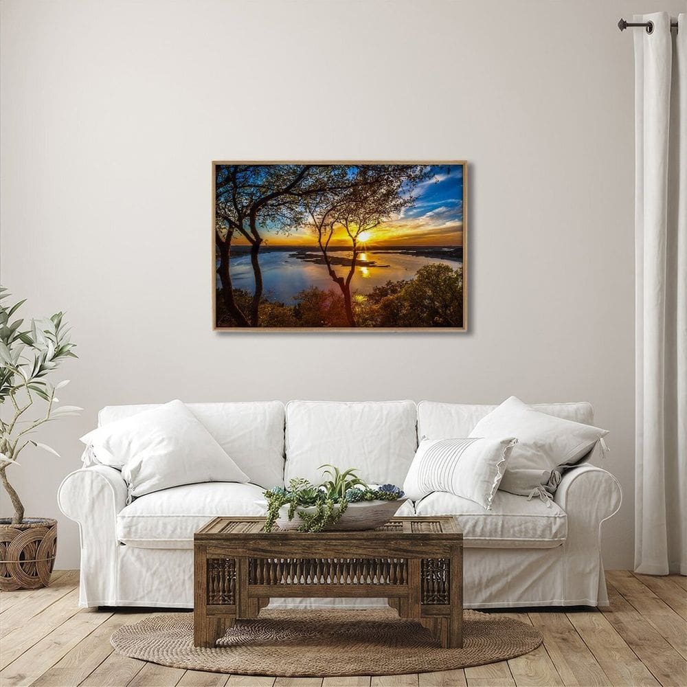 Quadro Decorativo Paisagem Lago com Árvores e Pôr do Sol 1 Tela 80x120 para Sala Quarto Hall