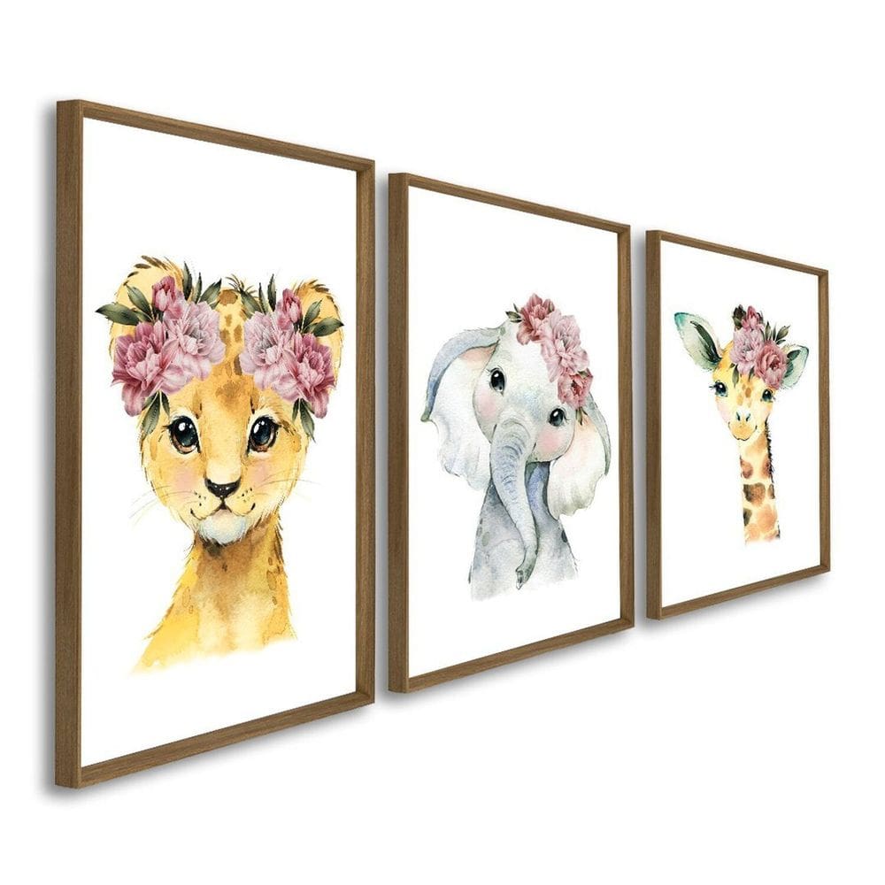 Quadro Infantil Decorativo Diversão na Selva 3 Telas 60x90cm para Quarto Sala Brinquedoteca