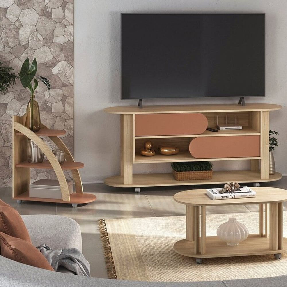 Conjunto Sala de Estar Mesa de Apoio Mesa de Centro e Rack Mundi Naturale/Terracota