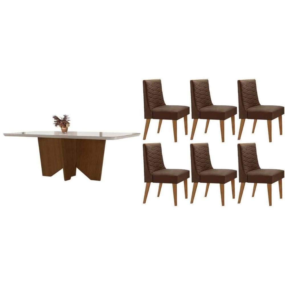 Conjunto Sala de Jantar Nevada c/ Tampo Madeirado c/ Vidro Canto Curvo 180x90cm e 6 Cadeiras Dafne Madeira Maciça Naturale/Off White - Capuccino/Suede