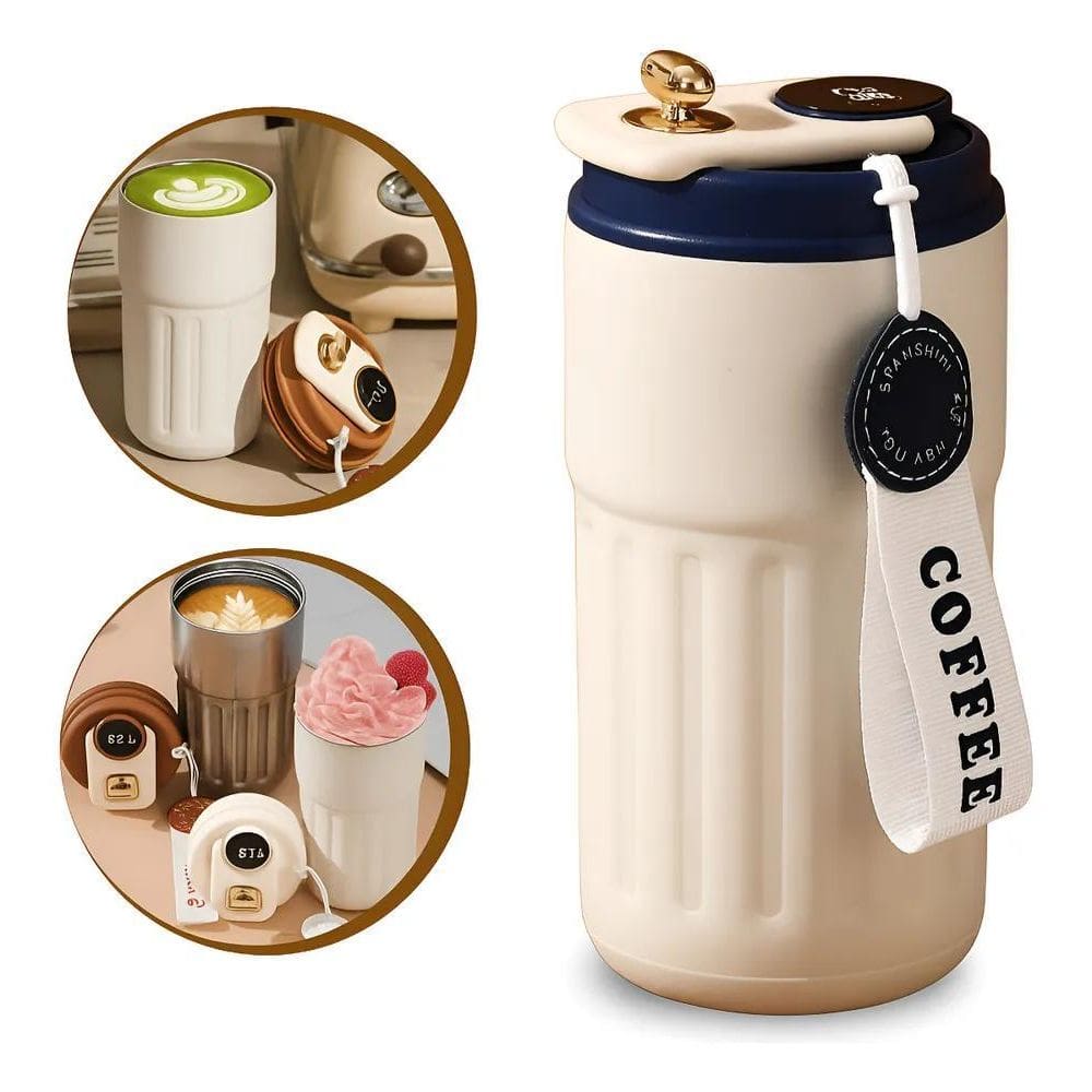 Copo Térmico Café Chá Antivazamento Display De Temperat Azul