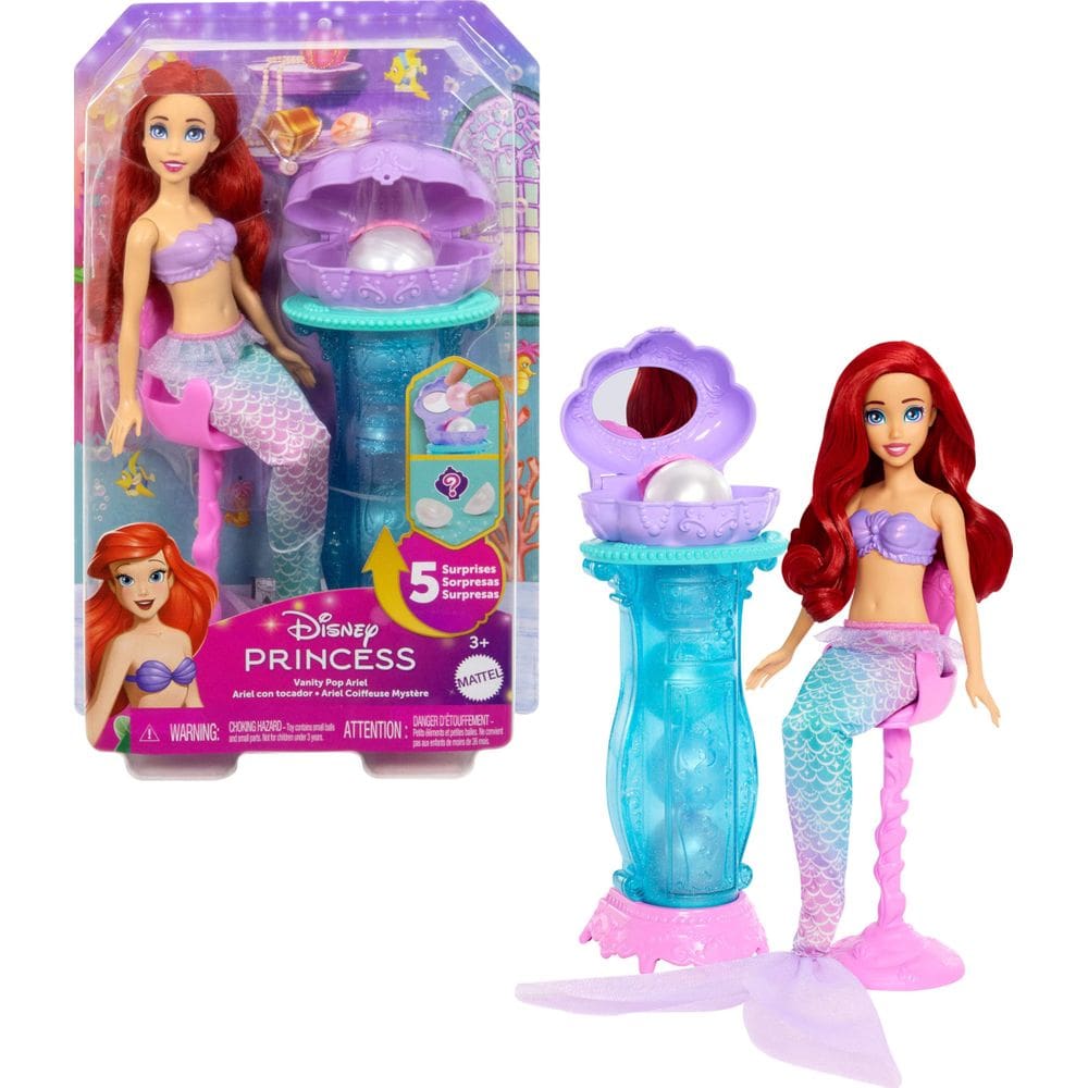 Boneca moderna Mattel Disney Princess Ariel com penteadeira e acessórios.