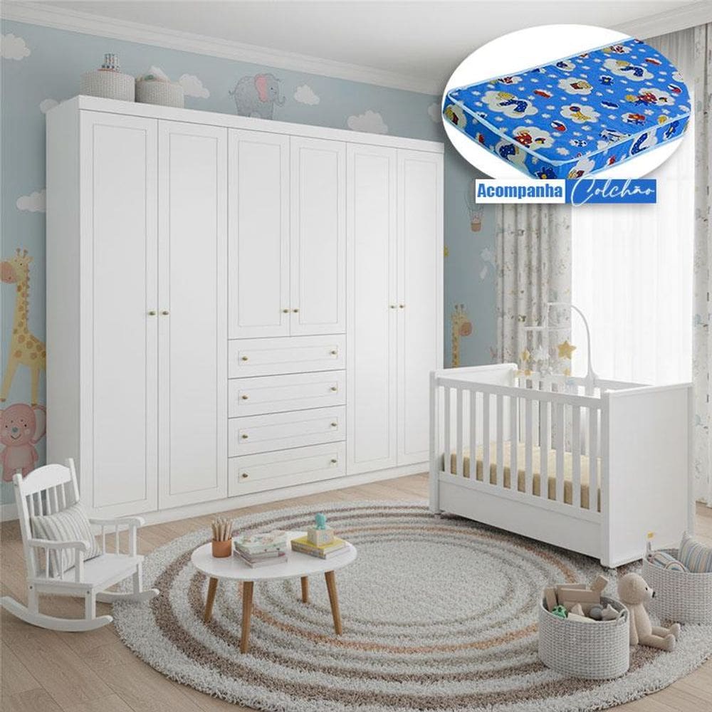 Berço Tutto New com Guarda Roupa Mississipi Ambiente 6 Portas Branco Fosco e Colchão Ortobom - Matic