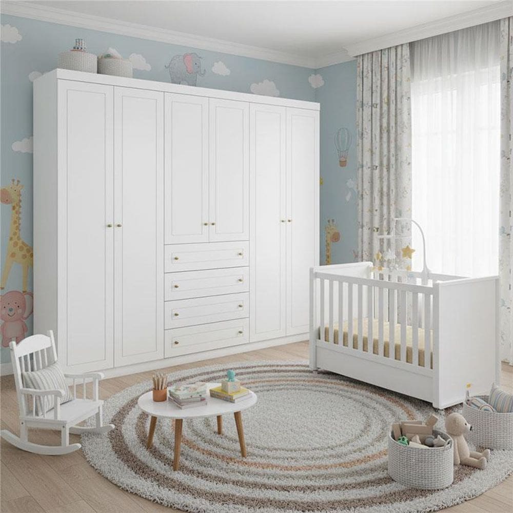 Berço Tutto New e Guarda Roupa Mississipi Ambiente 6 Portas Branco Fosco - Matic