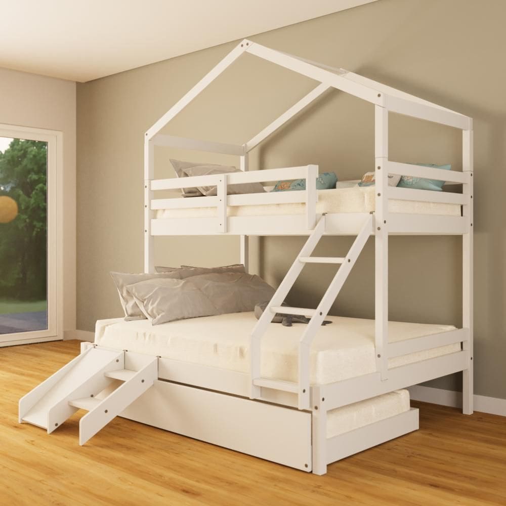 Treliche Casal/ Solteiro Casinha com Kit Escada/Escorregador Madeira Maciça Branco Megamobilia