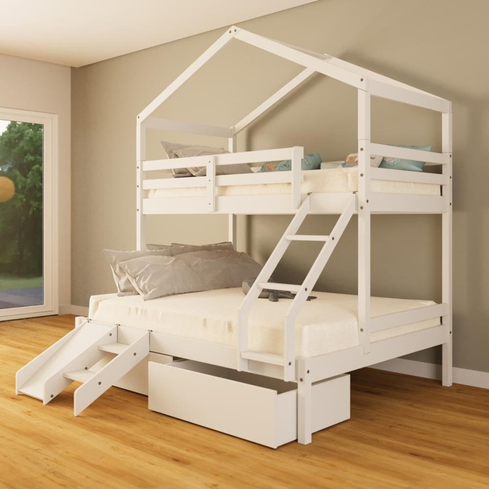 Beliche Casal/ Solteiro Casinha com Gavetas e Kit Escada/Escorregador Madeira Maciça Branco Megamobilia