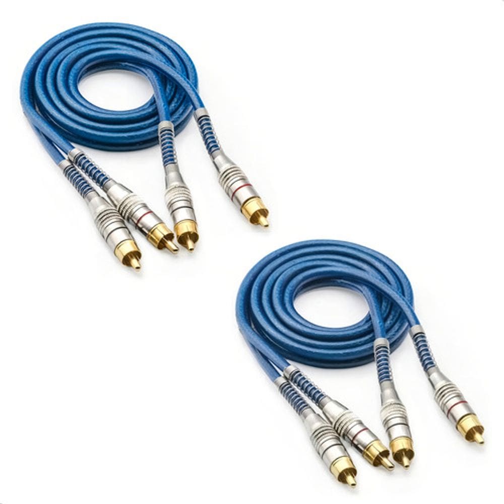 2 Cabos Rca Blindado 1 Metro Prime Plug Metal 5mm Transparente Azul Pontas Banhados A Ouro Químico Conector Rca Metálico