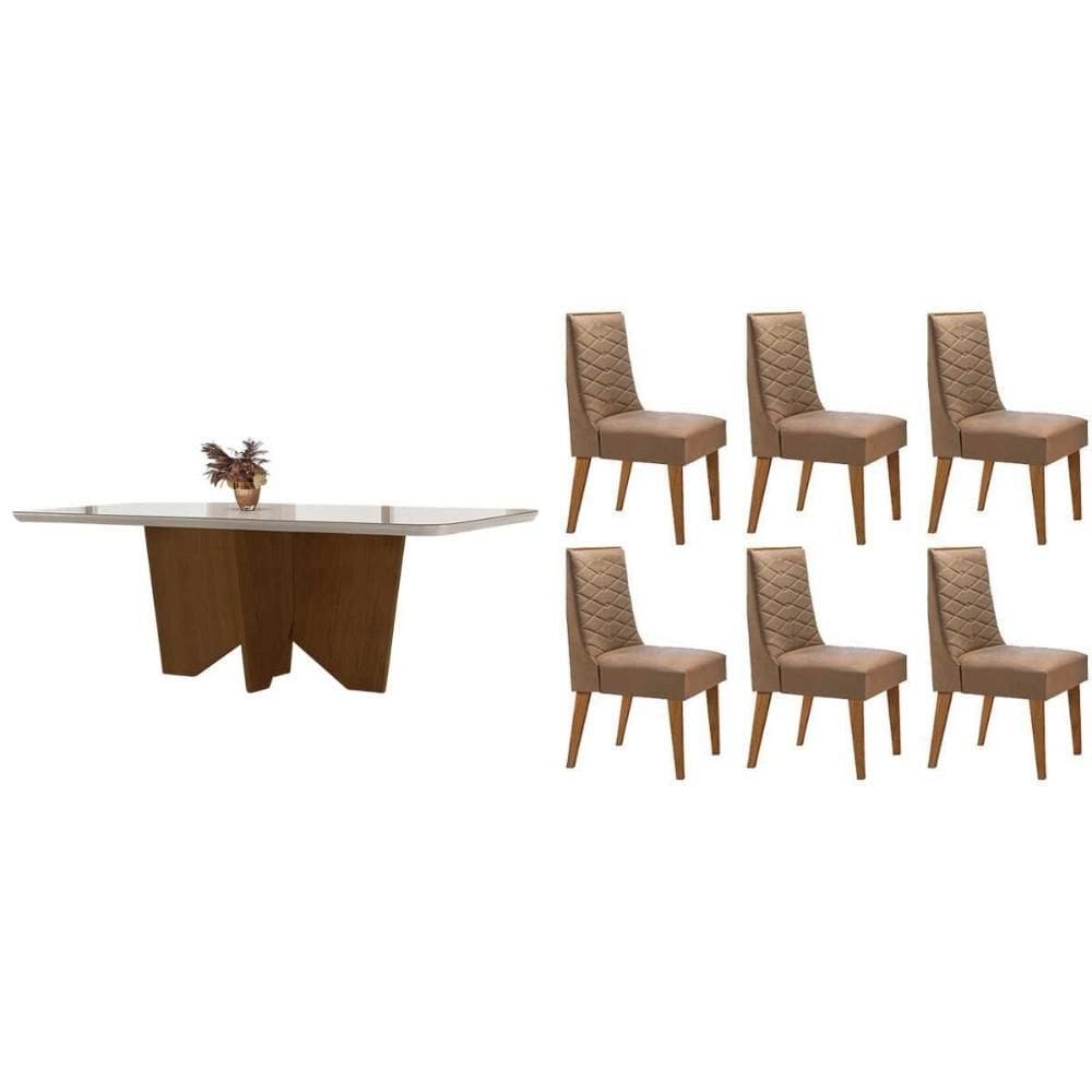 Conjunto Sala de Jantar Nevada c/ Tampo Madeirado c/ Vidro Canto Curvo 180x90cm e 6 Cadeiras Dafne Madeira Maciça Naturale/Off White - Capuccino/Suede