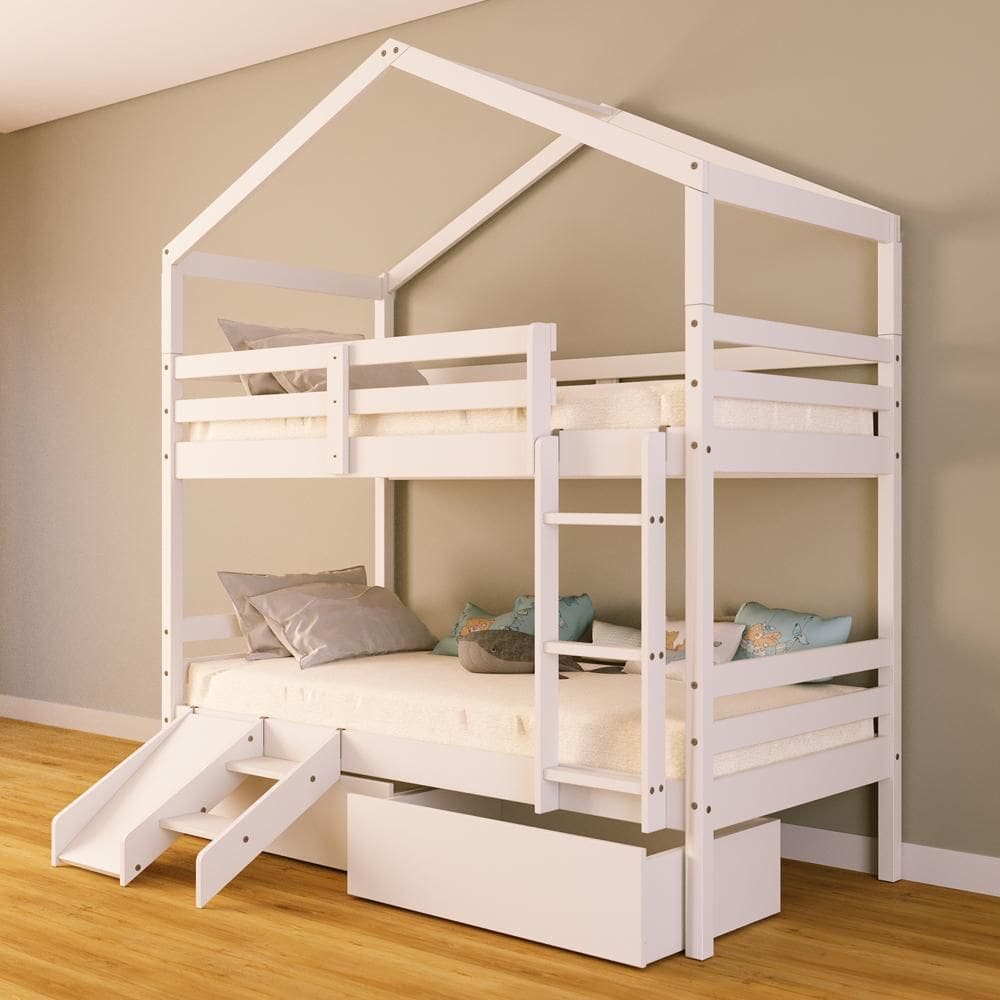 Beliche Solteiro Casinha com Gavetas e Kit Escada/Escorregador Madeira Maciça Branco Megamobilia