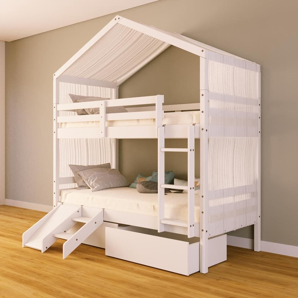 Beliche Solteiro Casinha com Gavetas Cortina e Kit Escada/Escorregador Madeira Maciça Branco Megamobilia