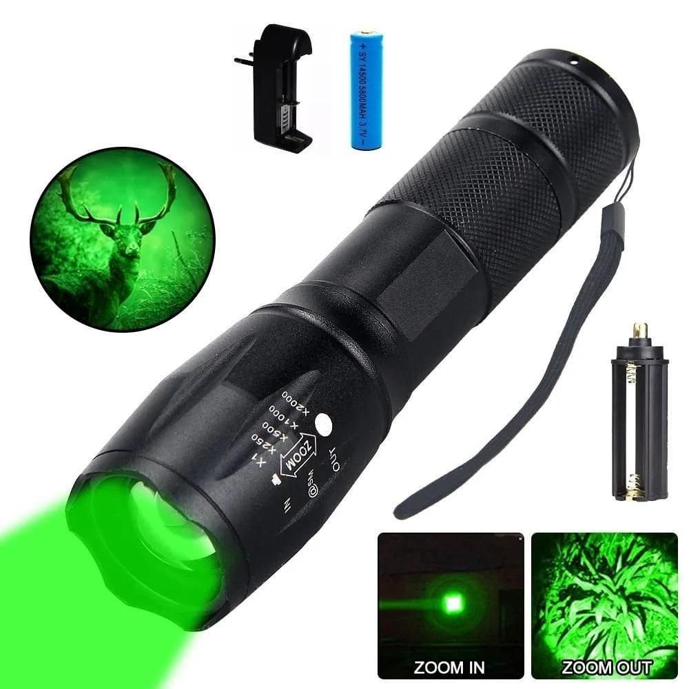 Lanterna Led Luz Verde T6 Tatica Caca Pesca Zoom Alta Luminosidade Militar Recarregavel