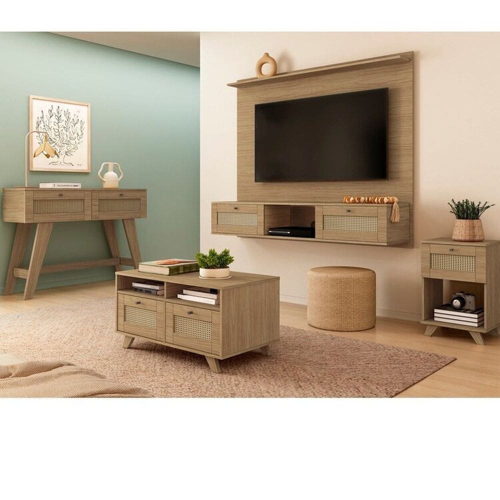 Conjunto Sala de Estar Mesa de Apoio e Mesa de Centro e Aparador e Painel Carvalho