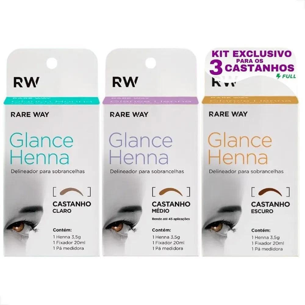 10X Kit 3 Henna Glance Para Sobrancelhas Rare Way 100% Natu