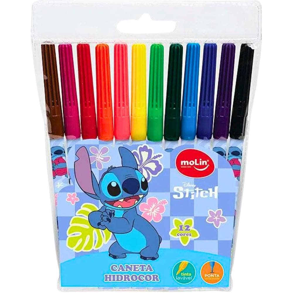 Marcador Caneta Hidrocor Disney Stitch 12 Cores Molin
