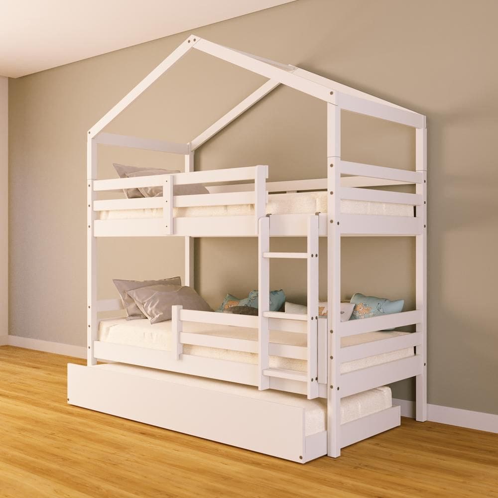 Treliche Solteiro Casinha Grade de Proteção Madeira Maciça Branco Megamobilia