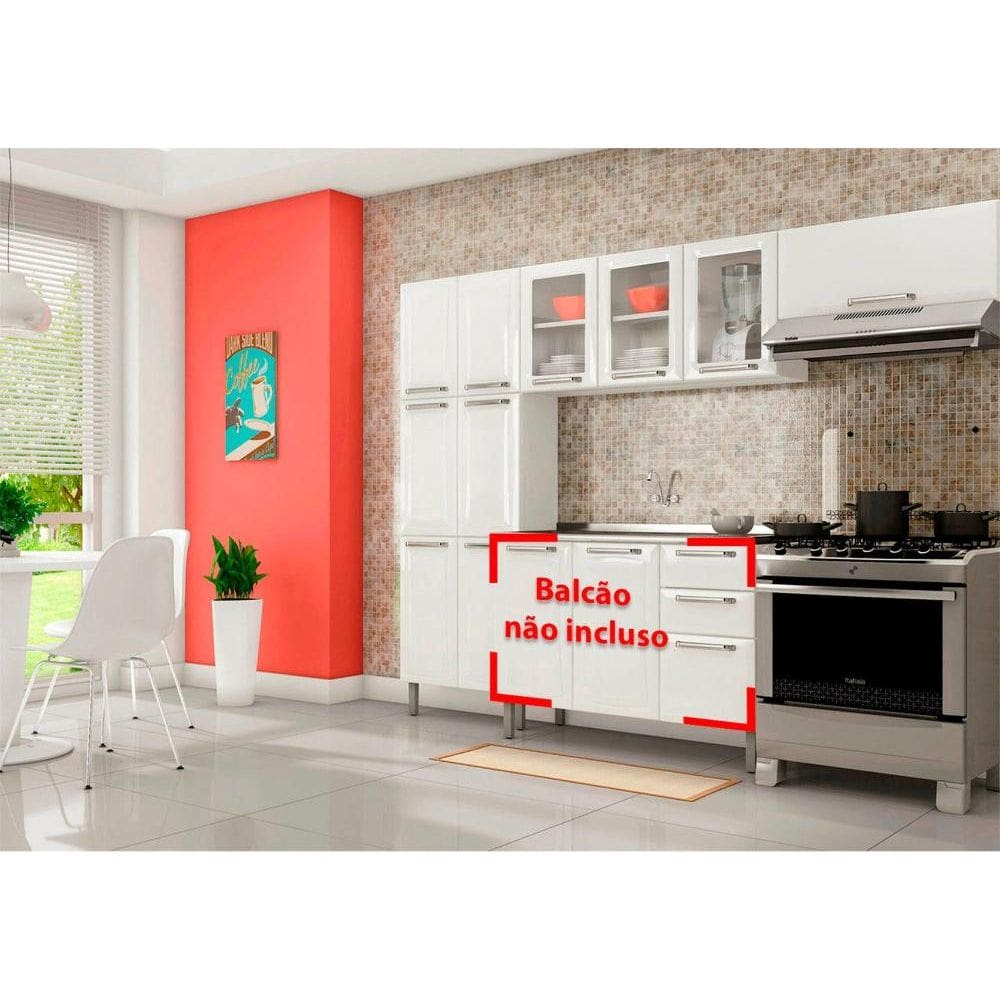 Cozinha Branca em Aço 3 Peças Tarsila com 3 Vidros Cozinha Completa Branca em Aço 3 Peças Tarsila com 3 Vidros