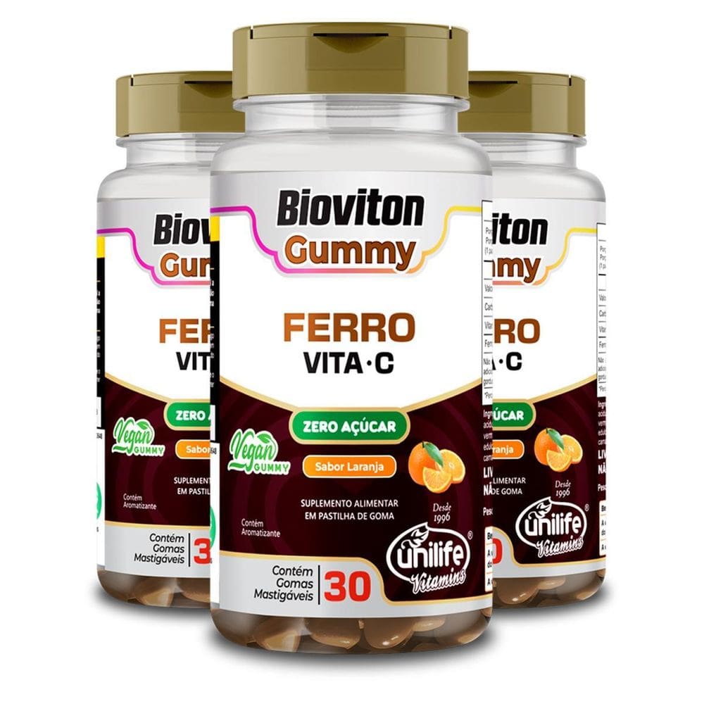 Kit 3 Gummy Ferro + Vitamina C Laranja Unilife 30 Gomas