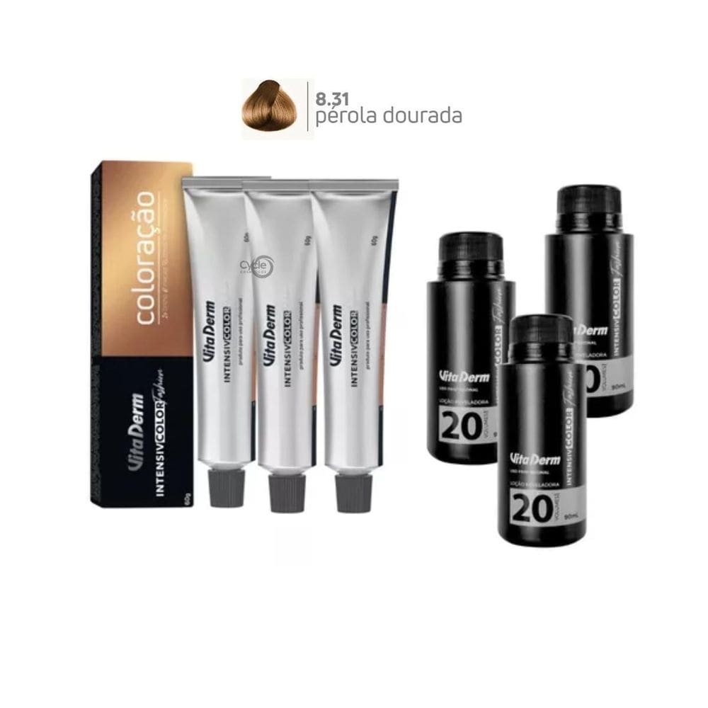 3 Colorações Vita Derm 8.31 + 3 Ox Vita Derm 20 Vol 90Ml