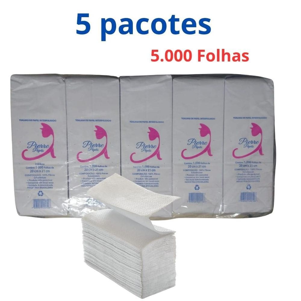 5 Pacotes Papel Toalha Interfolha 2 Dobras 20X21 5000 Folhas