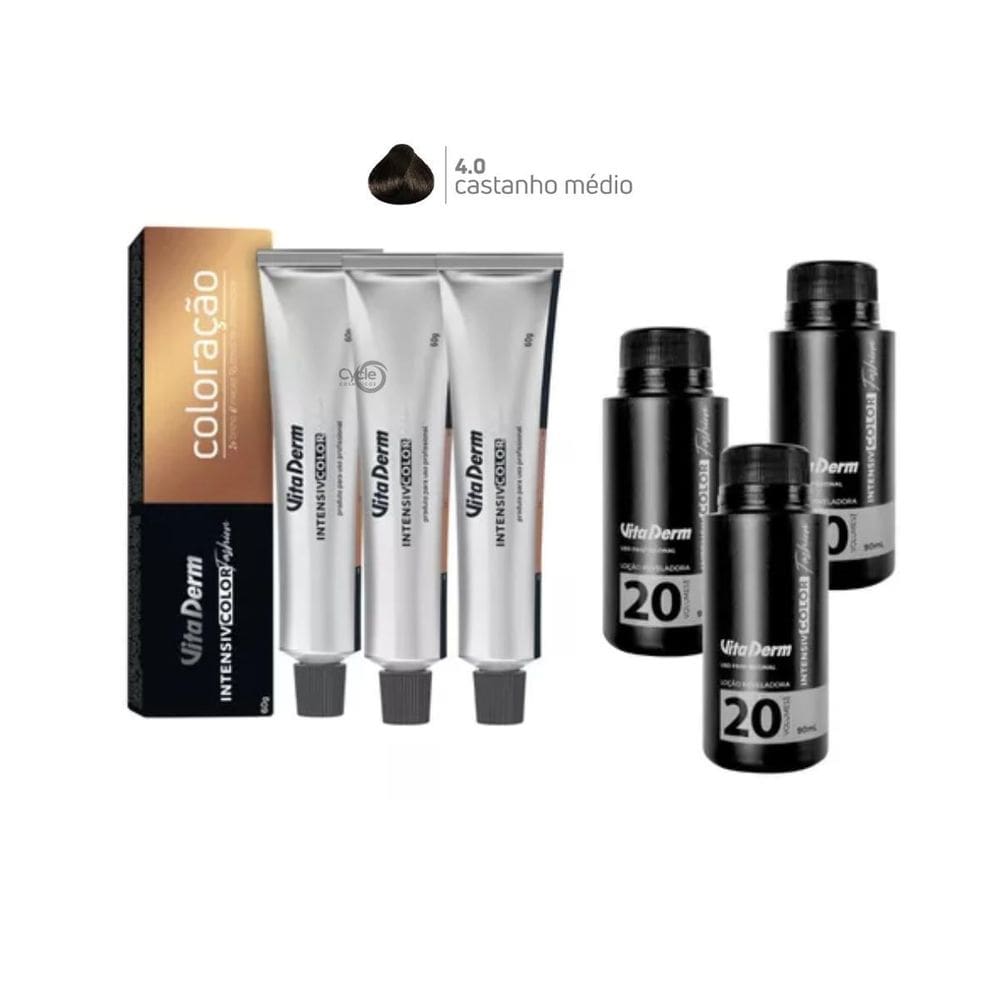 3 Colorações Vita Derm 4.0 + 3 Ox Vita Derm 20 Vol 90Ml