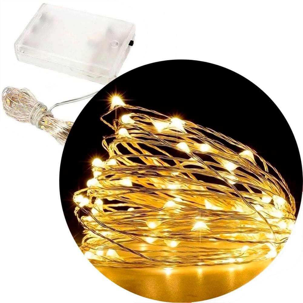 Fio Fada Cordão 30 Lâmpadas LED Luz Amarelo 3 Metros Á Pilha