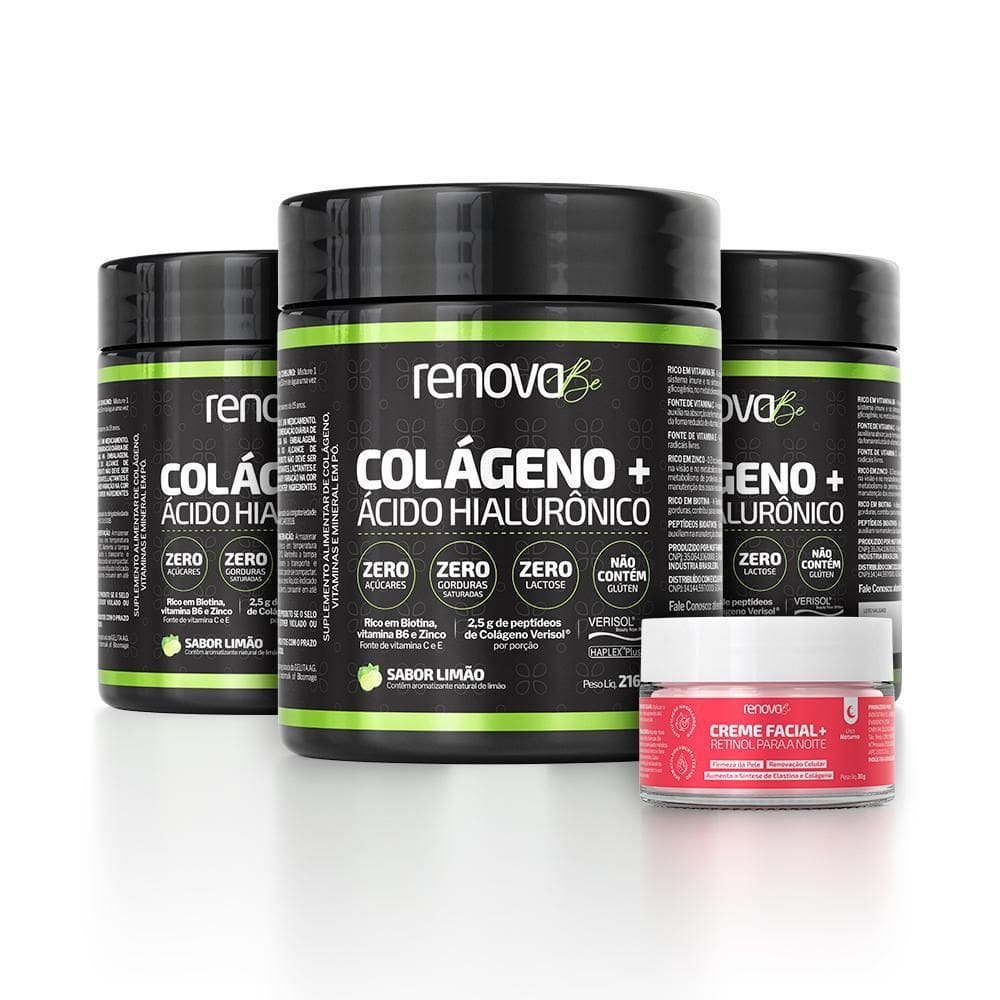 3 Potes Colágeno Verisol Renova Be + 1 Creme Facial Retinol