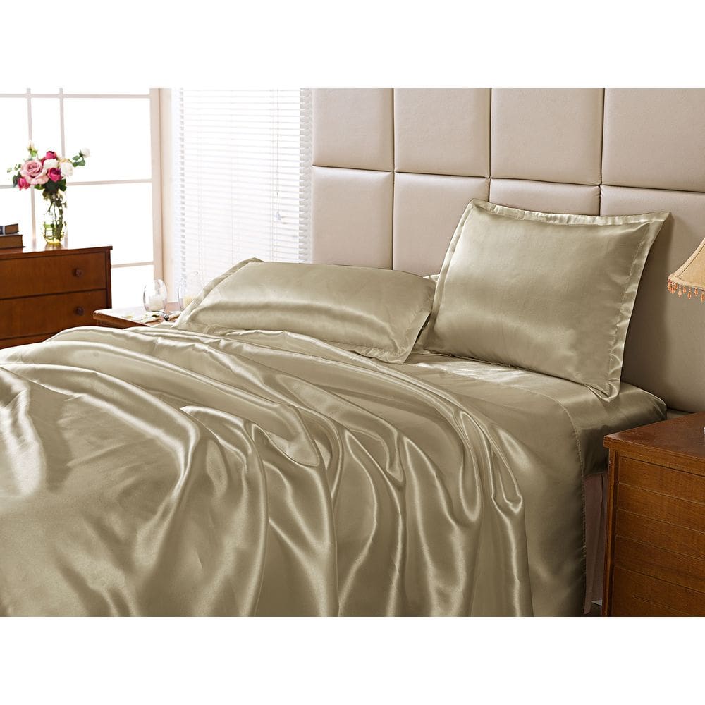 Jogo Lençol Casal Queen Cetim Seda Bronze Com Vira 4 Peças