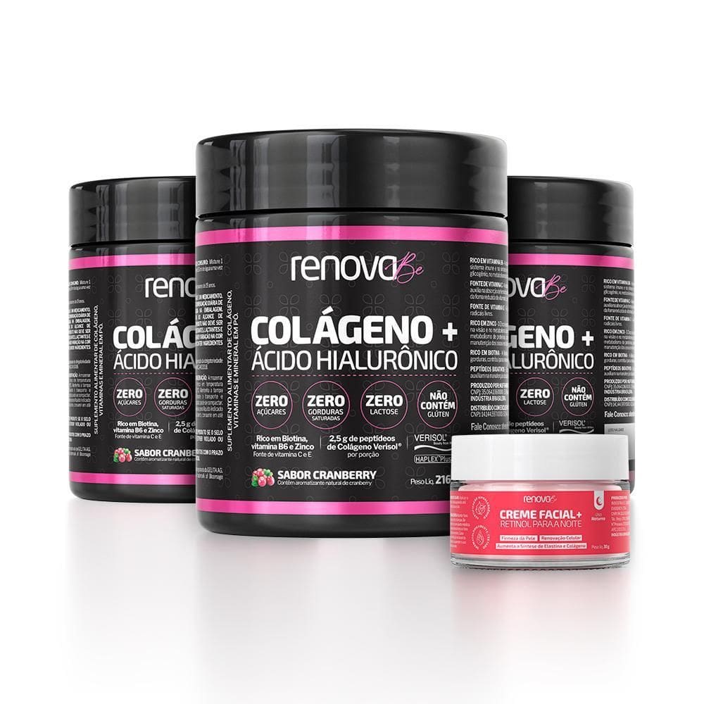 3 Potes Colágeno Verisol Renova Be + 1 Creme Facial Retinol