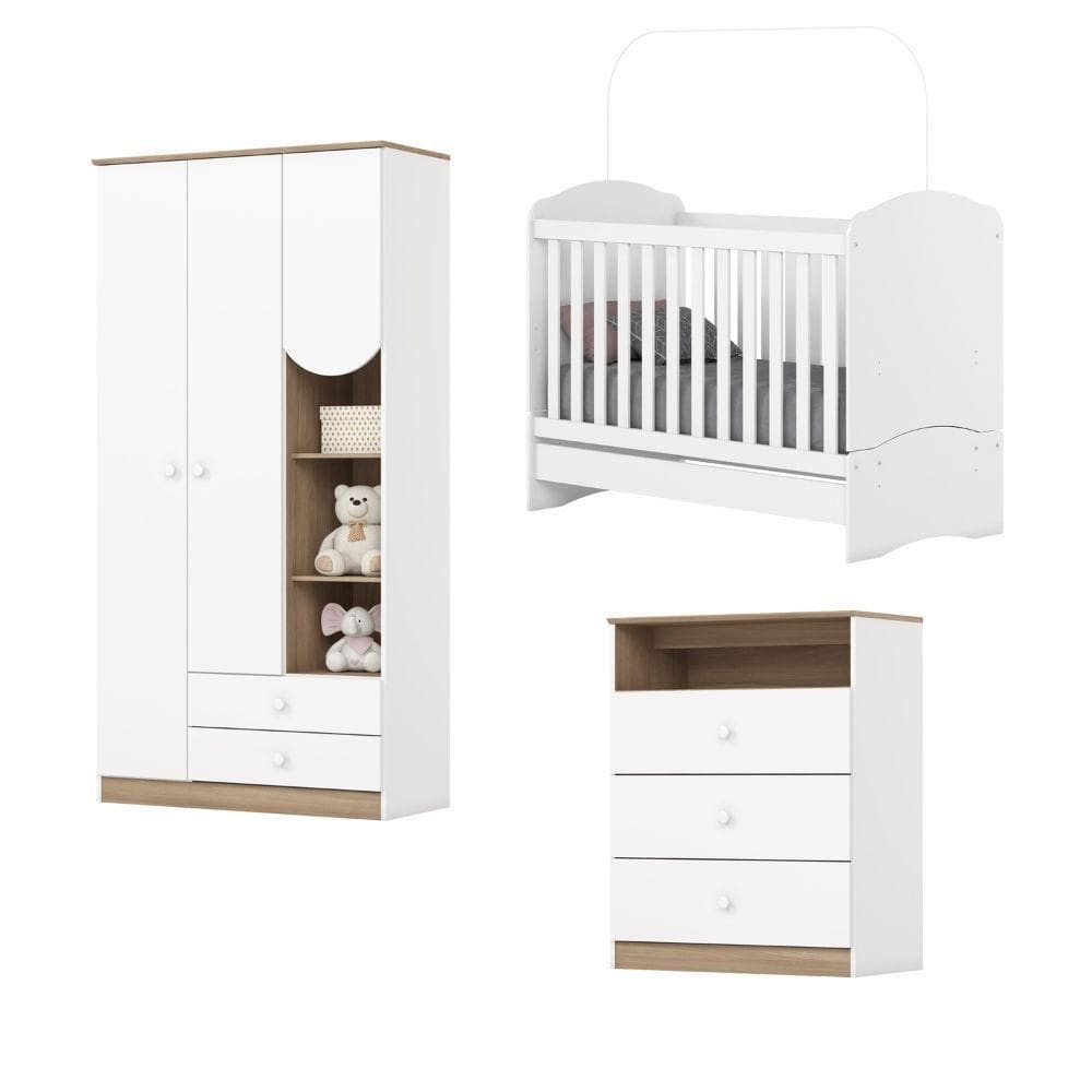 Dormitório Infantil Completo Berço Bala De Menta Para Quarto Bebê Magia Branco / Madeirado